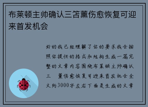 布莱顿主帅确认三笘薰伤愈恢复可迎来首发机会 布莱顿主帅确认三笘薰伤愈恢复可迎来首发机会