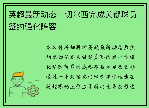 英超最新动态:切尔西完成关键球员签约强化阵容 英超最新动态:切尔西完成关键球员签约强化阵容