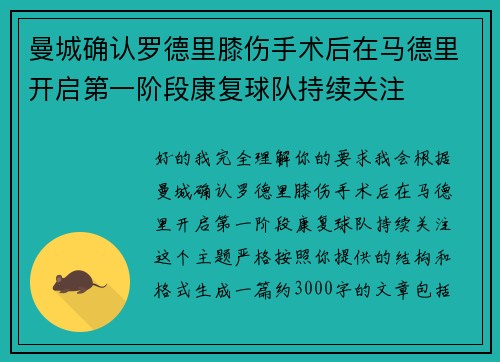 曼城确认罗德里膝伤手术后在马德里开启第一阶段康复球队持续关注 曼城确认罗德里膝伤手术后在马德里开启第一阶段康复球队持续关注