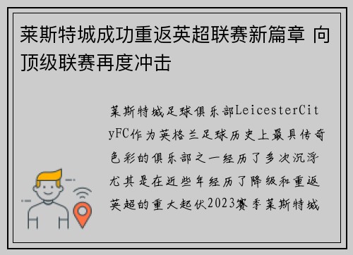 莱斯特城成功重返英超联赛新篇章 向顶级联赛再度冲击